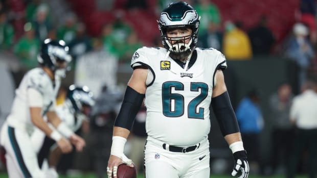 Eagles center Jason Kelce looks on while warming up before a playoff game.
